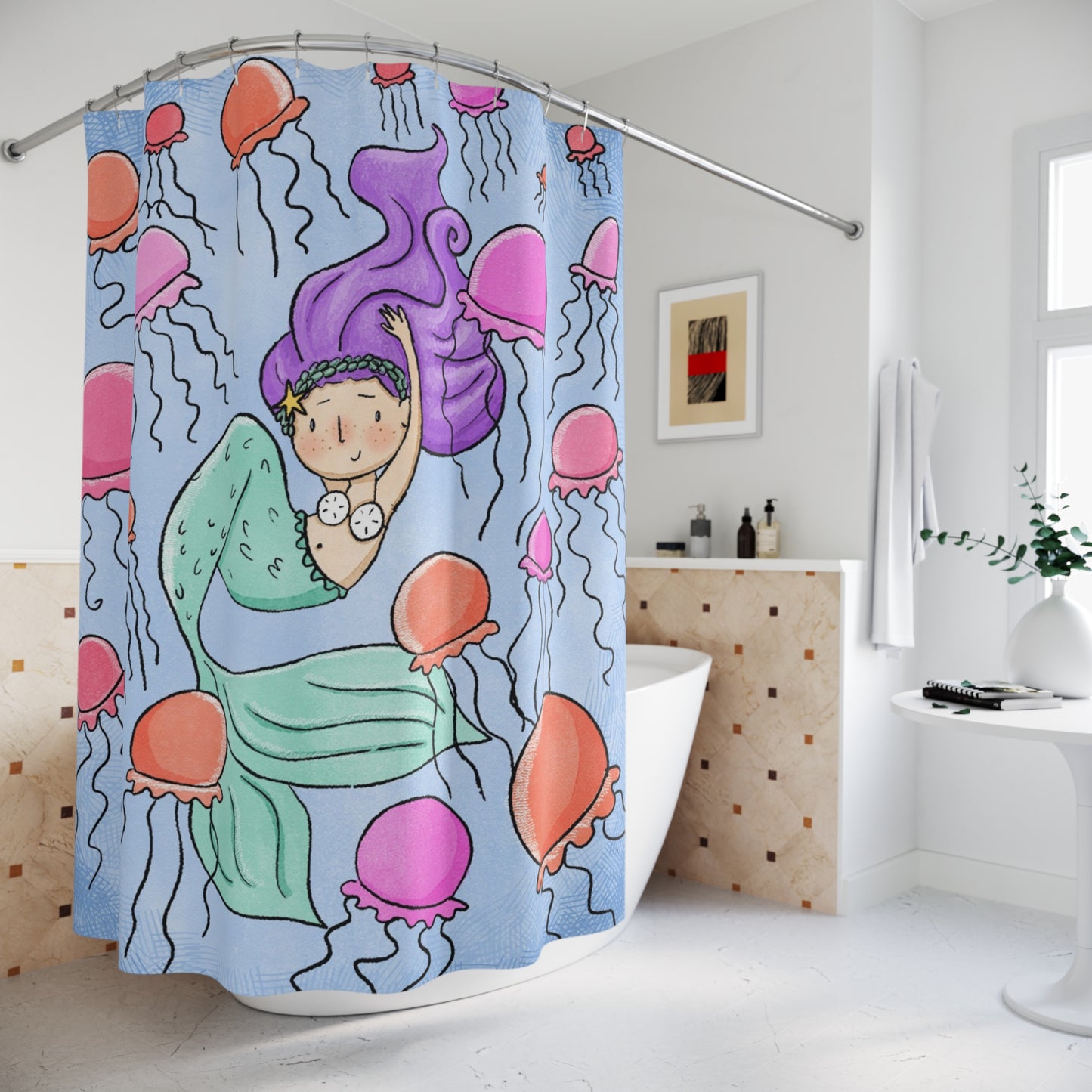 Mermaid and Jellyfish Shower Curtain – Nautical Decor for a Beachy Bathroom