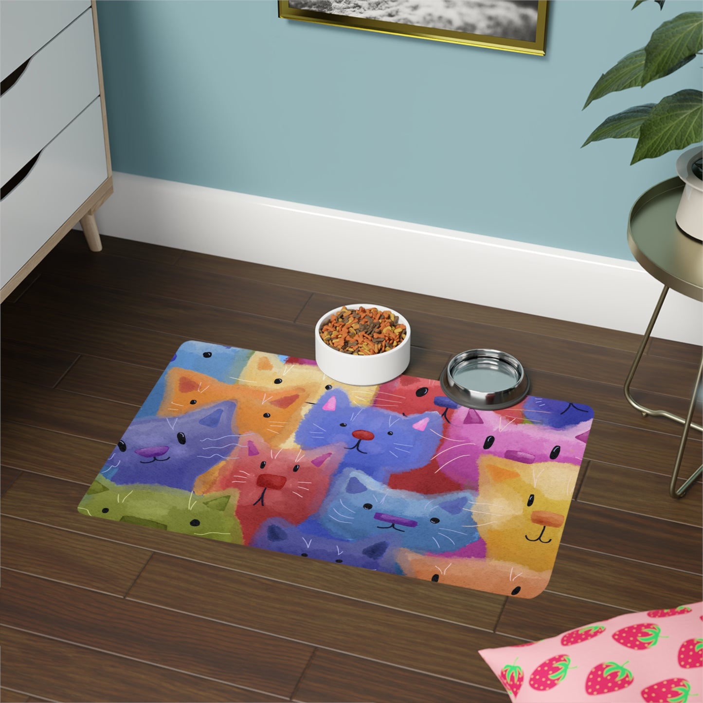 Colorful Cat Faces Pet Food Mat, Fun Cat Feeding Mat, Cat Lover Gift, Pet
