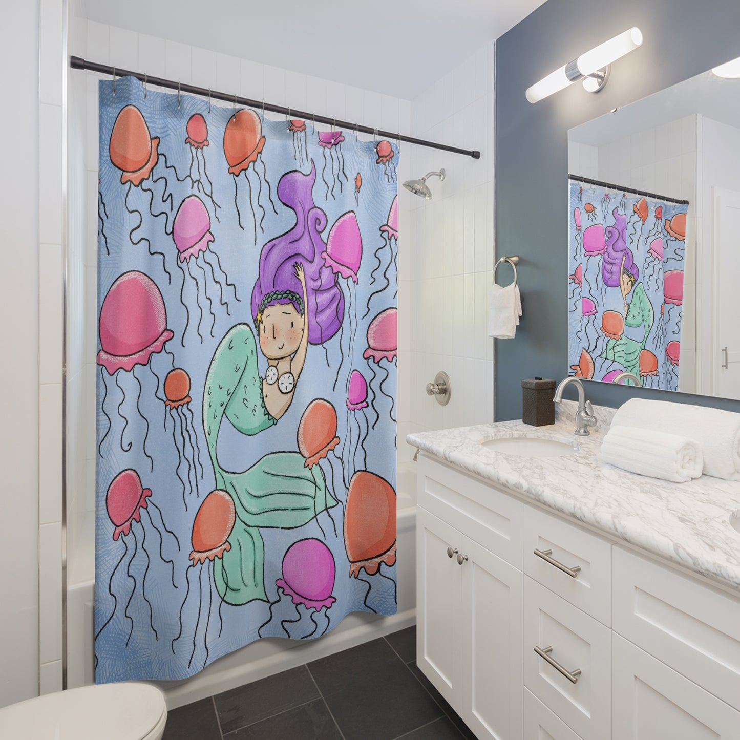 Mermaid and Jellyfish Shower Curtain – Nautical Decor for a Beachy Bathroom