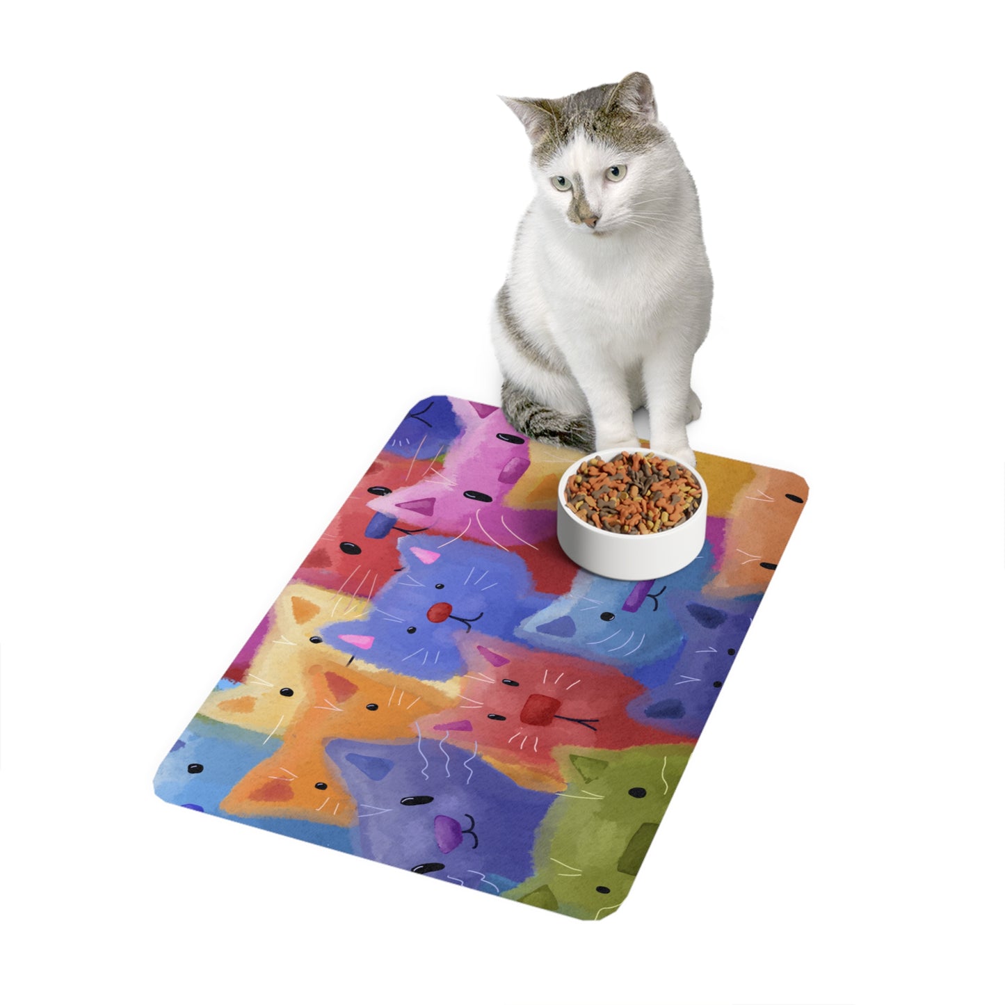 Colorful Cat Faces Pet Food Mat, Fun Cat Feeding Mat, Cat Lover Gift, Pet
